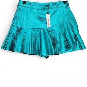 Day + Moon Women S Metallic Faux Leather‎ Skort Blue Y2K Cybercore Mini Skater